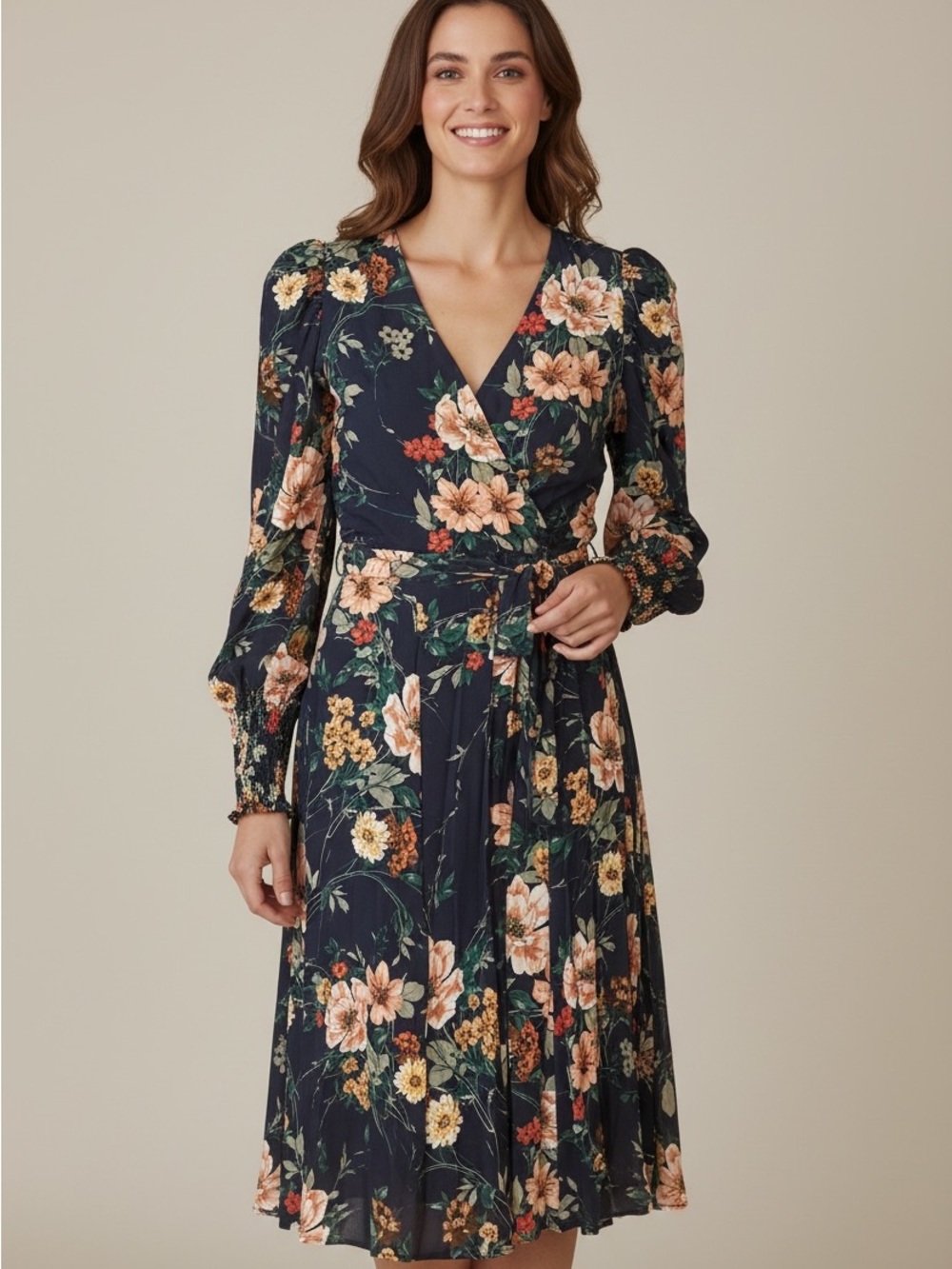 Yumi Kim Navy Floral Wrap Midi Dress with Peach Blooms